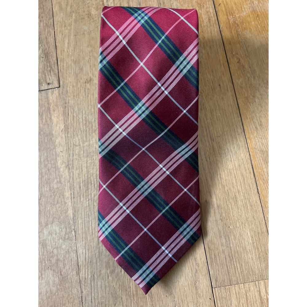 Roundtree & Yorke Mens Silk Plaid Necktie Burgundy Red Green Handmade Tie